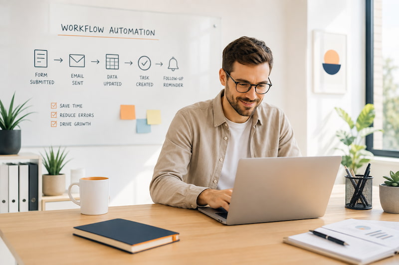 Small business owner using workflow automation with a CRM